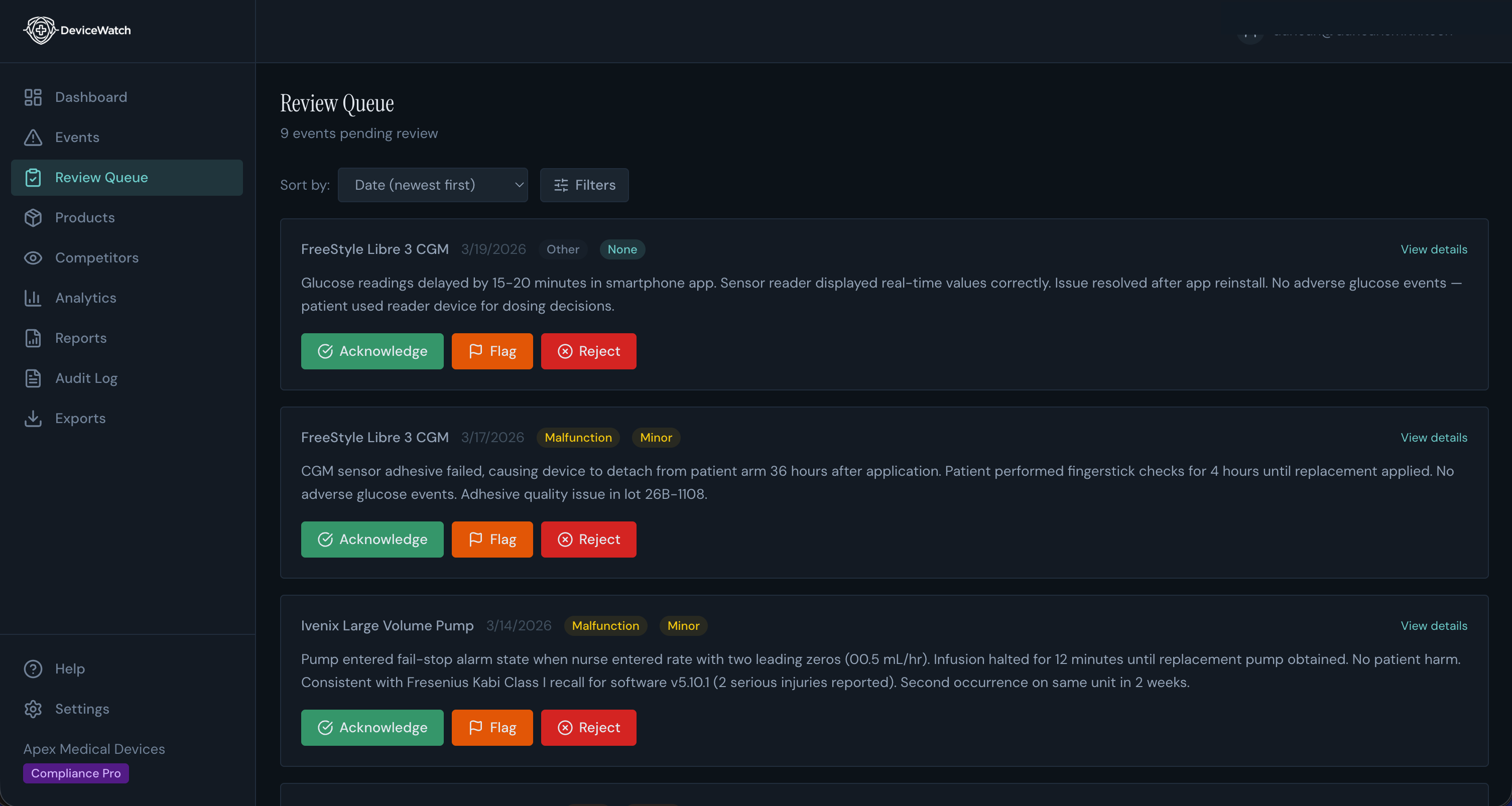 DeviceWatch review queue with acknowledge, flag, and reject actions for adverse events