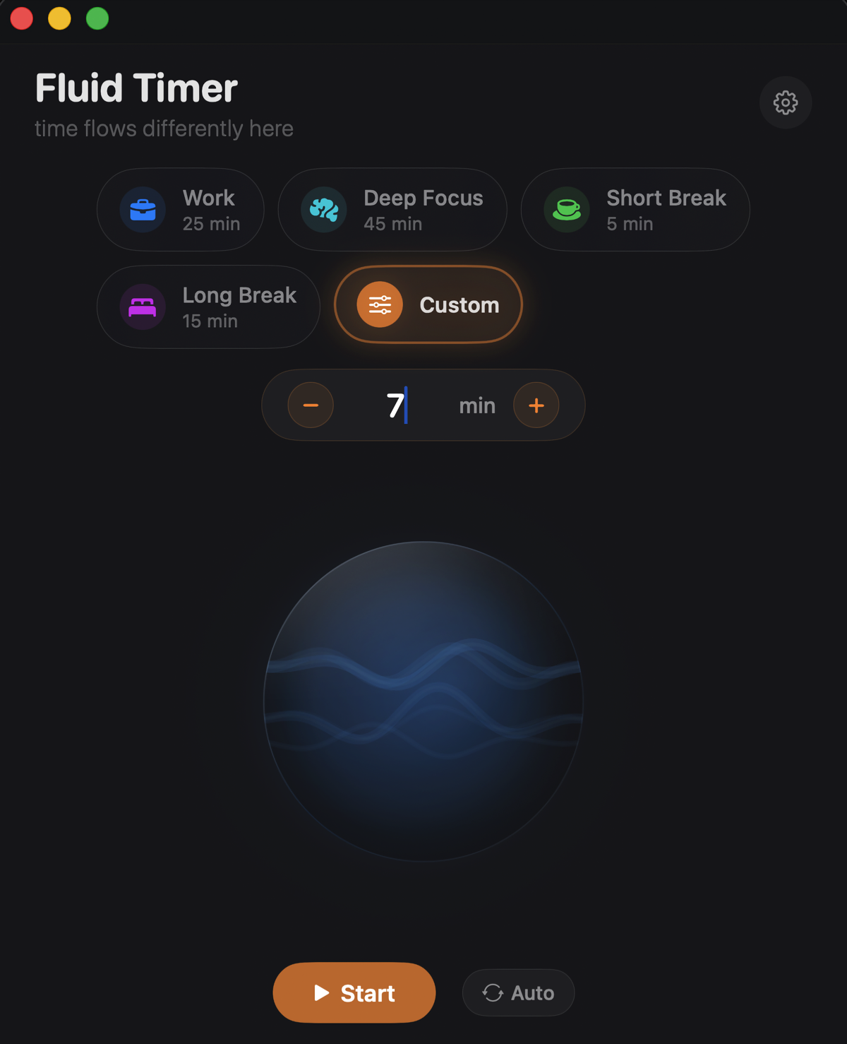 Fluid Timer main window showing preset buttons, wave animation, and start controls