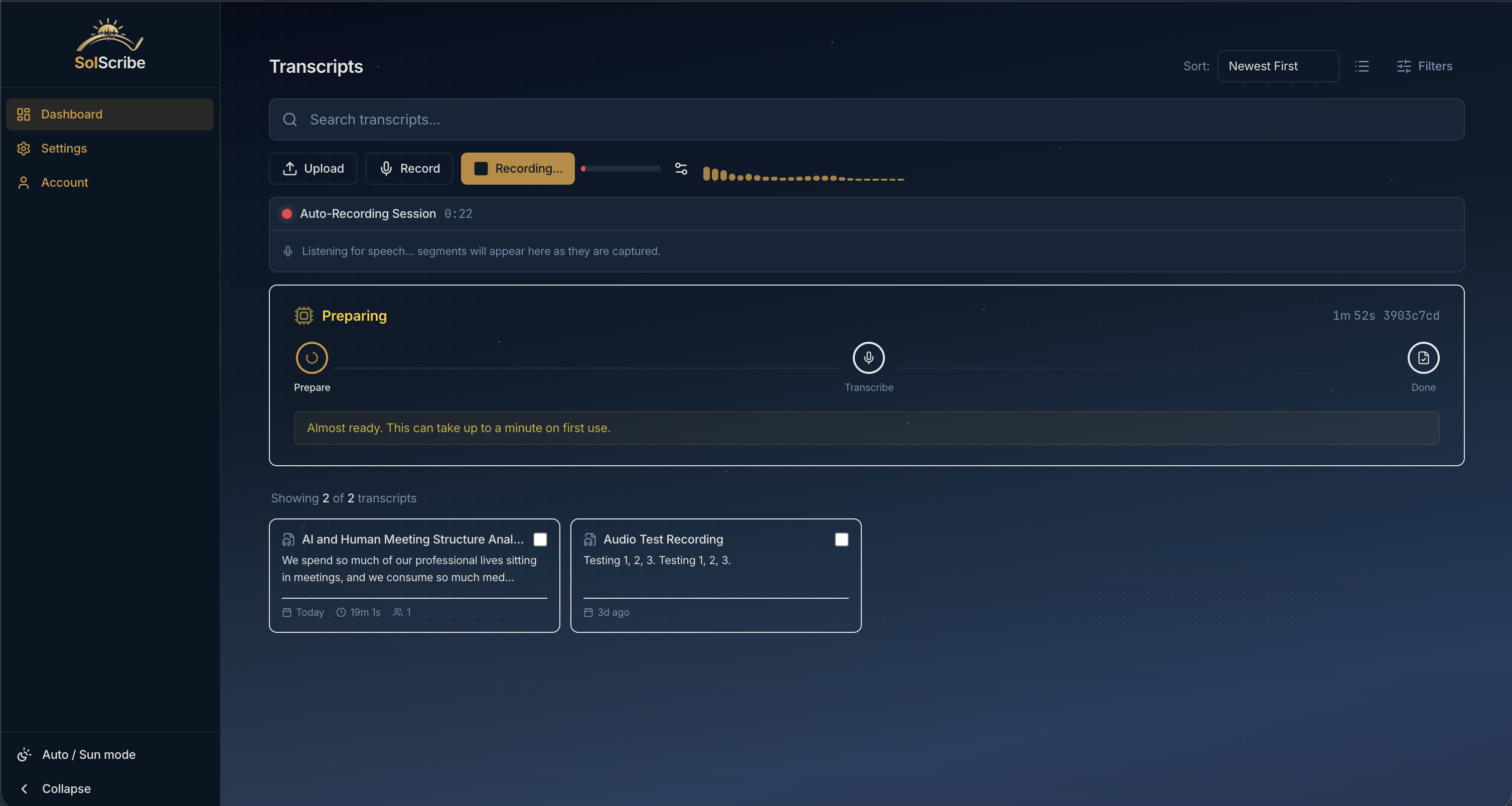 SolScribe auto-recording mode with waveform visualization and voice activity detection