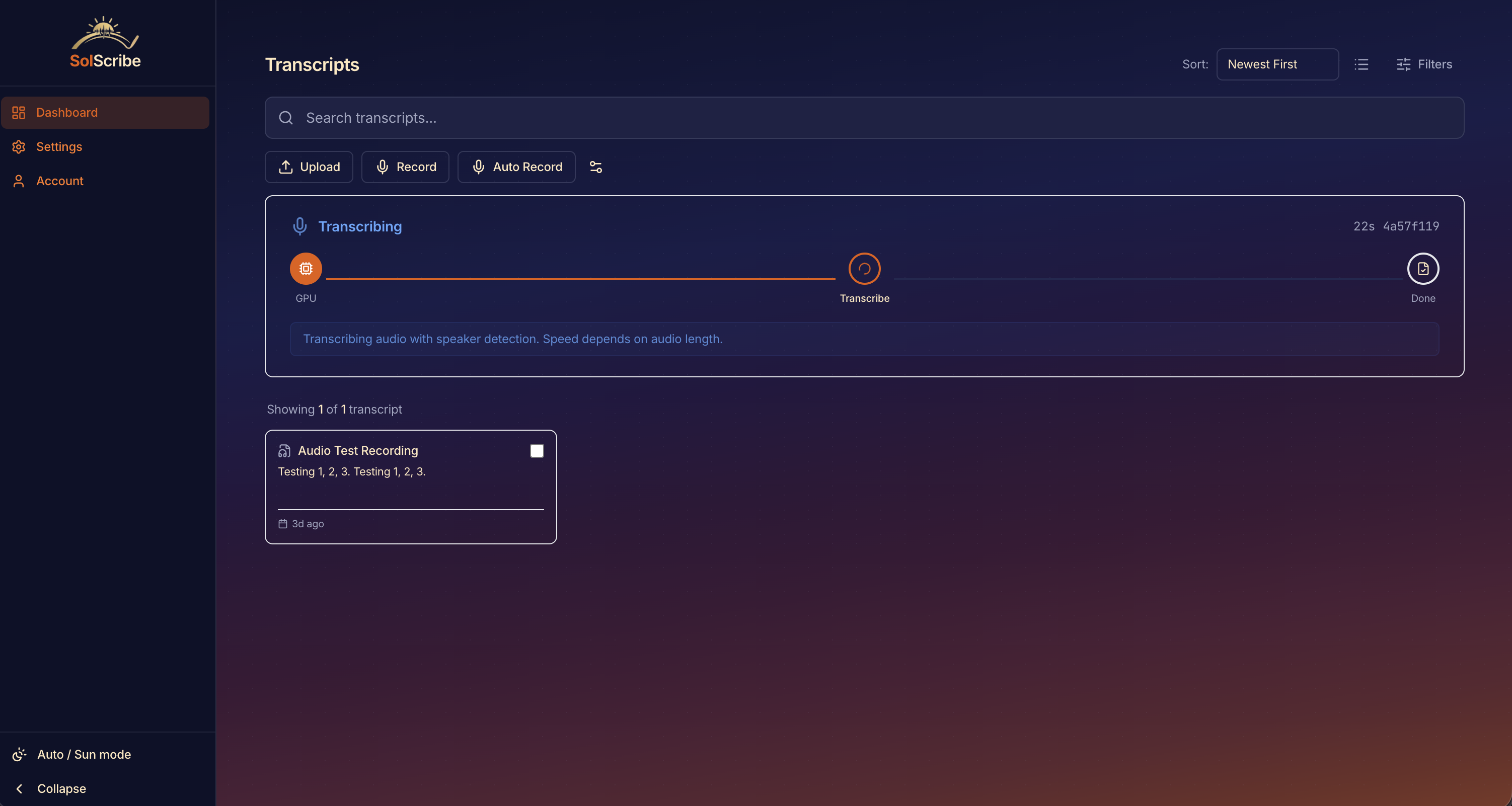 SolScribe dashboard showing a transcription in progress with real-time progress indicator