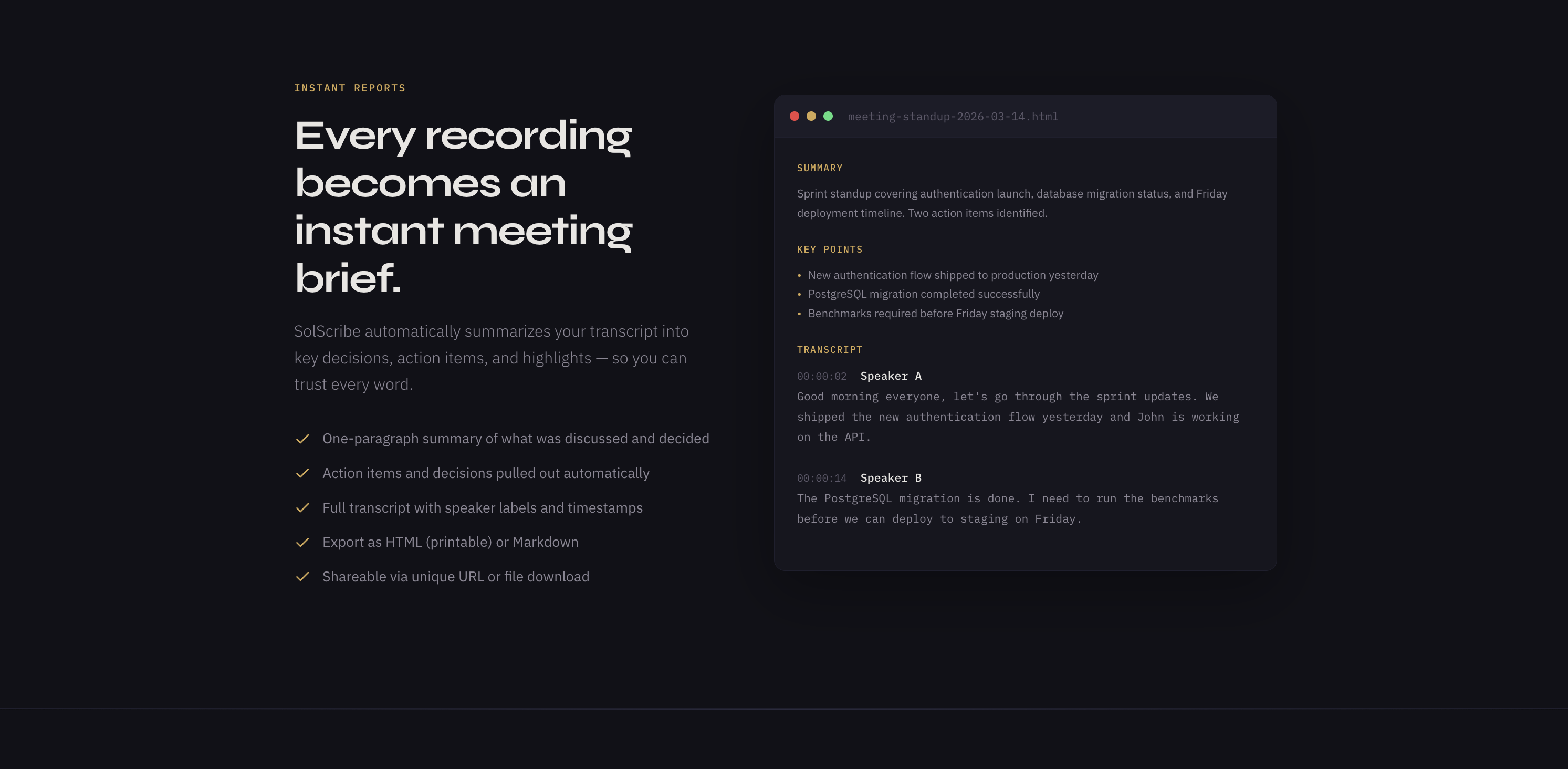 SolScribe instant meeting brief with AI-generated summary, key points, and full transcript
